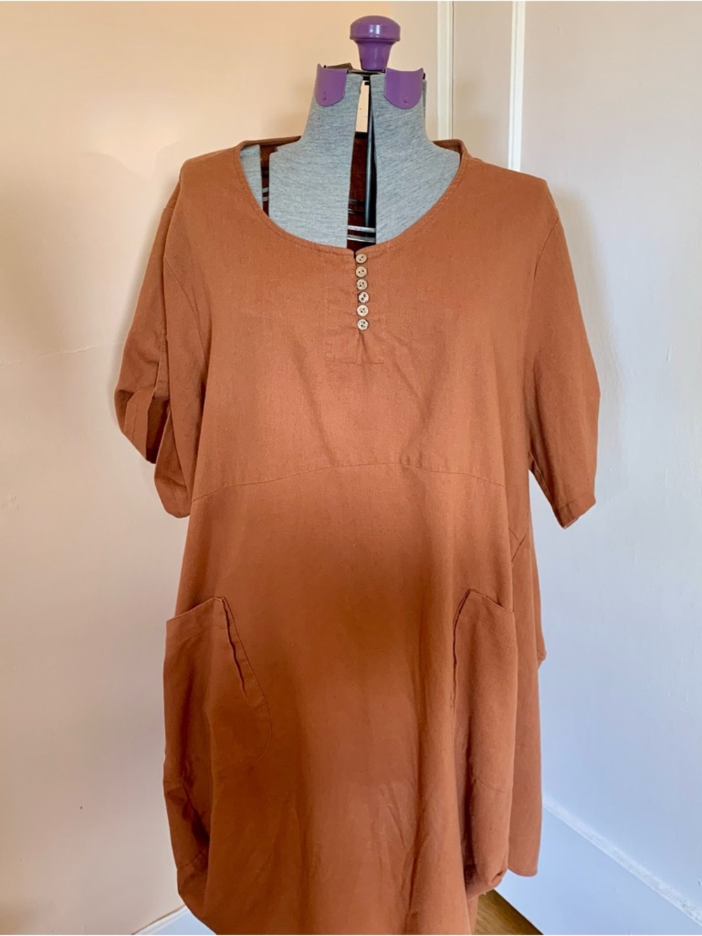 Plus Size Lagenlook Lantern Dress Burnt Orange Linen Cotton Loose Comfy Pockets